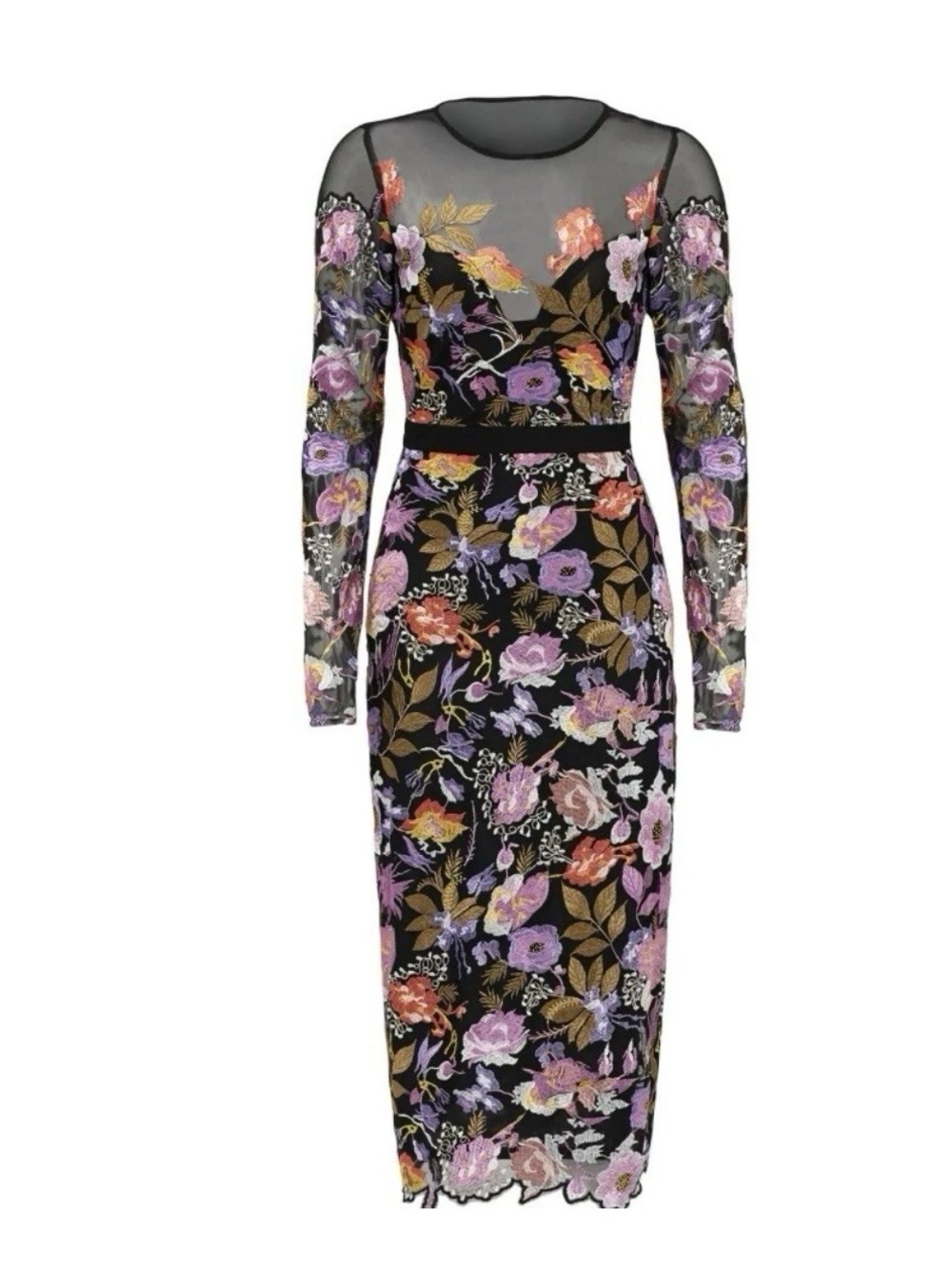 Nicole Miller Collection Black Floral Embroidered Long-Sleeve Mesh Dress